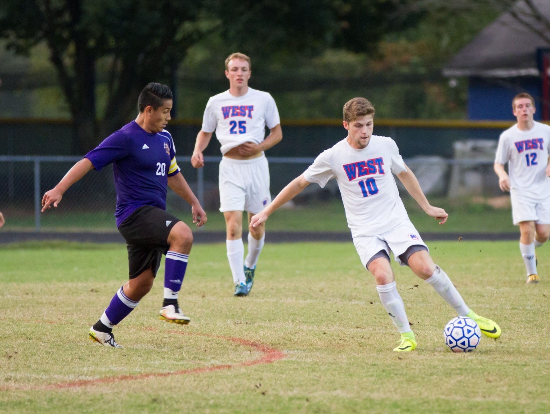 Former All-WNC striker Tyson Hichman (10) scored his 100th career goal Wednesday night for West Henderson.