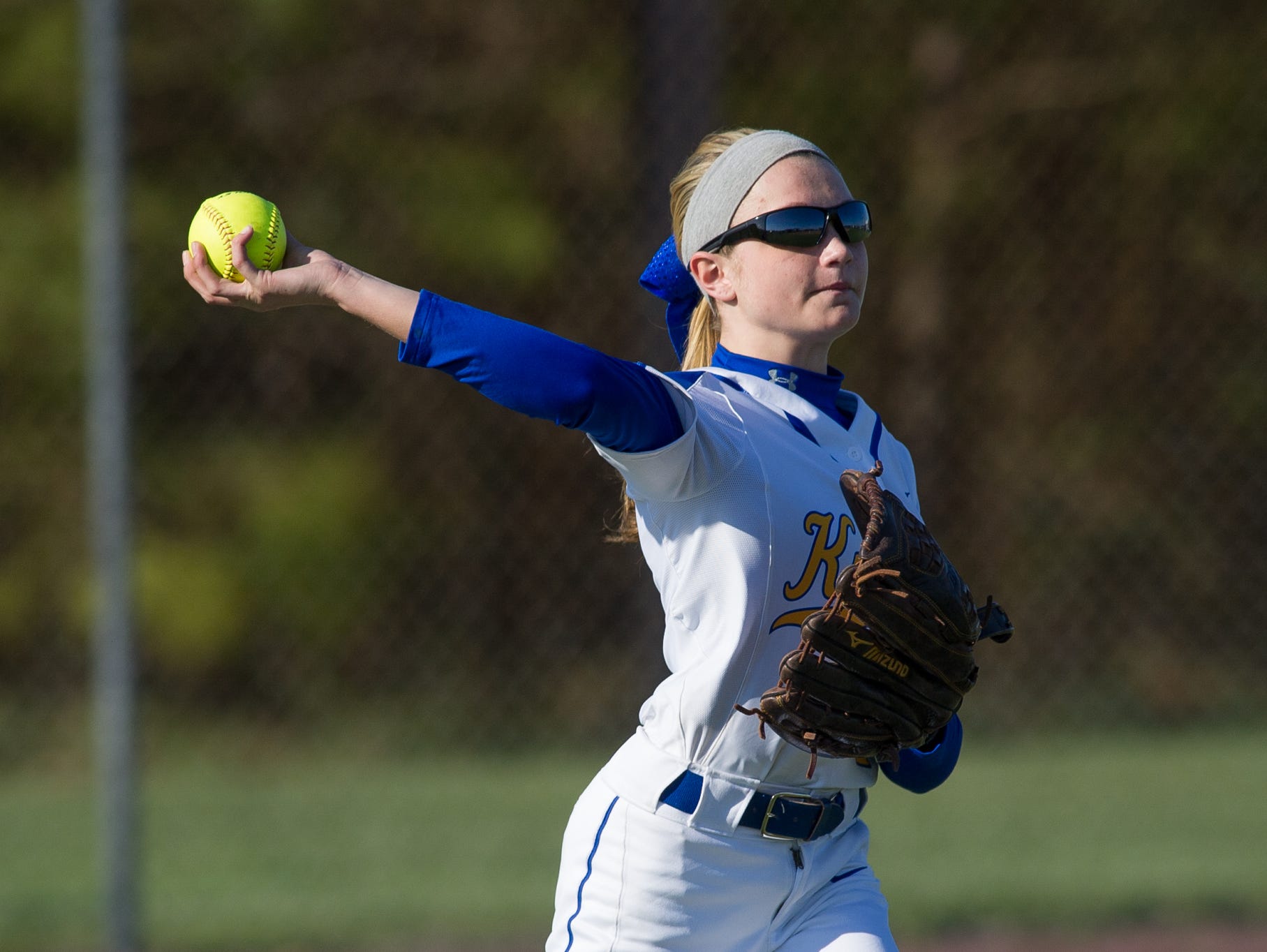 Sussex Central's Kailee Abbott (2) throws the ball to second base from the outfield in game against Sussex Tech.