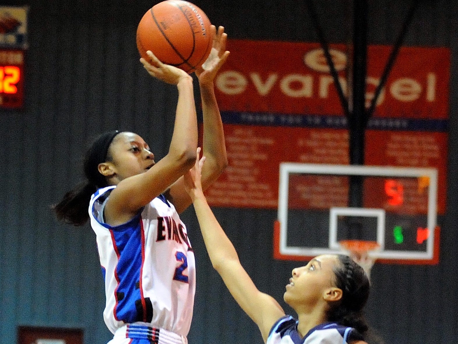 Evangel's Tiara Young puts up two of her 32 points against Airline Tuesday night.