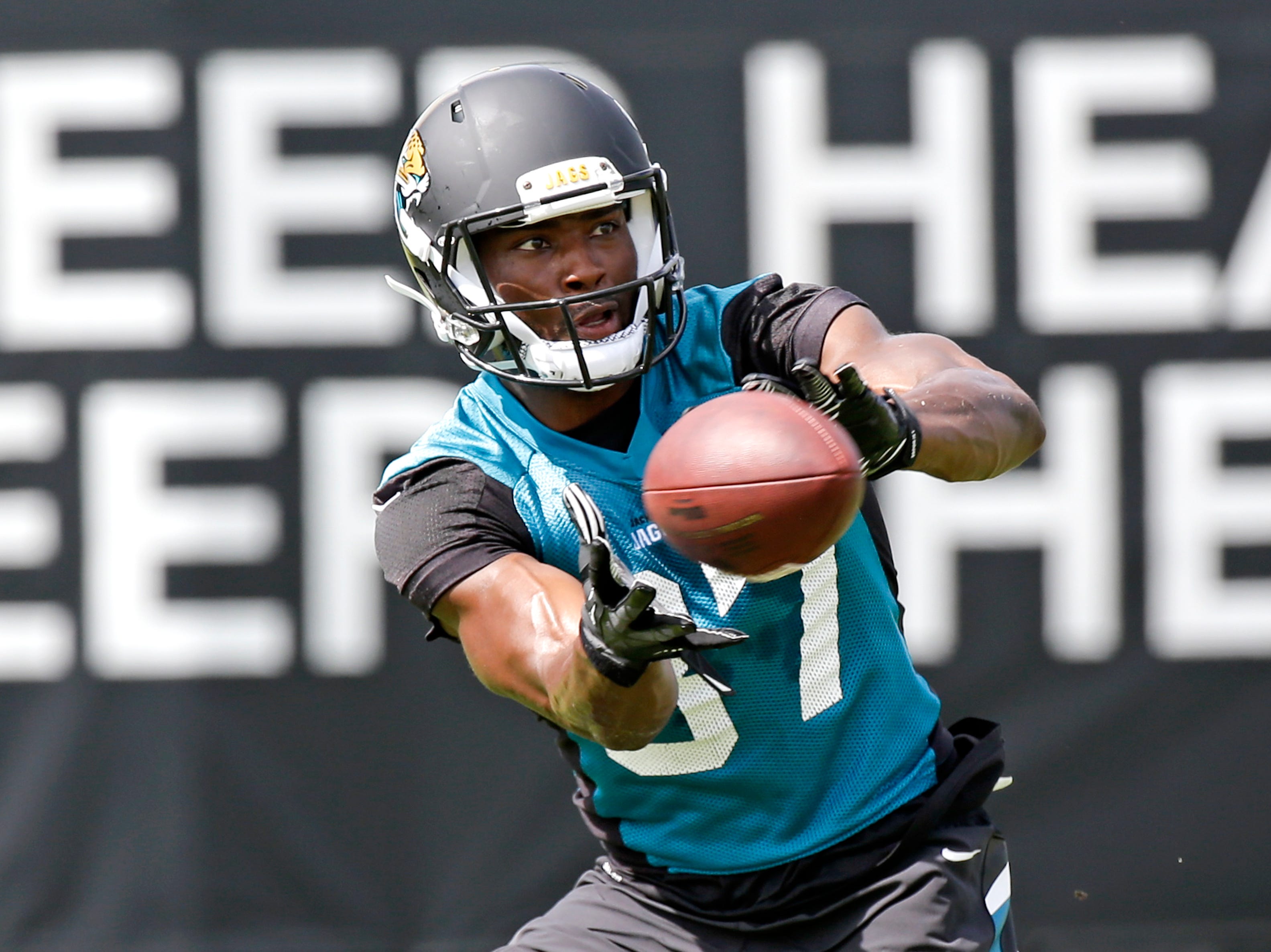 Jacksonville Jaguars receiver Neal Sterling catches a pass during NFL football organized training activities, Tuesday, May 26, 2015, in Jacksonville, Fla. (AP Photo/John Raoux)