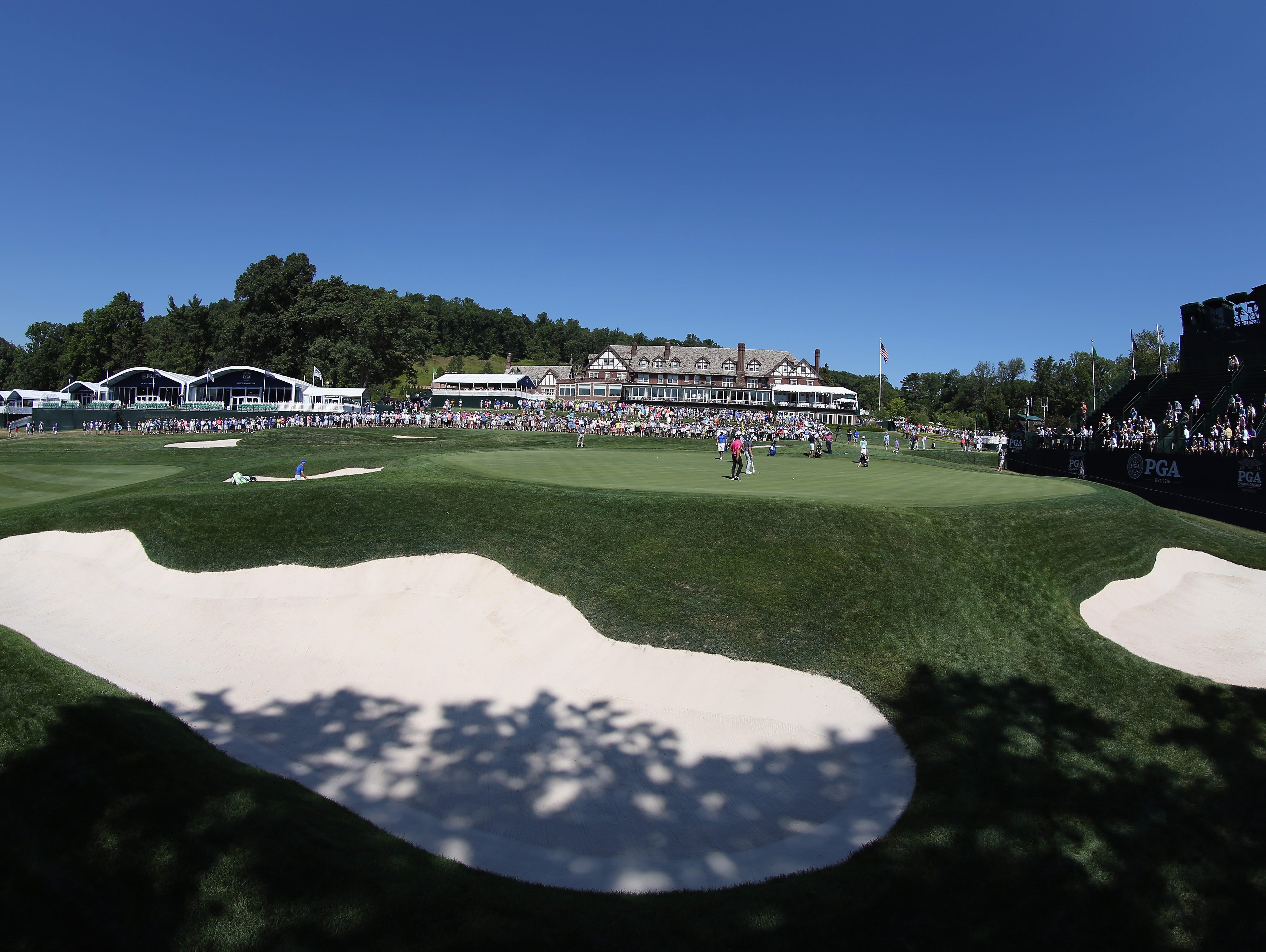 The 18th green is seen during a practice round prior to the 2016 PGA Championship at Baltusrol Golf Club on July 27, 2016 in Springfield, New Jersey.