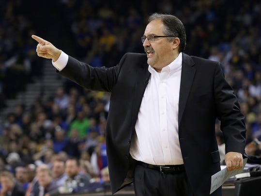 Detroit Pistons head coach Stan Van Gundy gestures during the first half of an NBA basketball game between the Golden State Warriors and the Pistons in Oakland, Calif., Thursday, Jan. 12, 2017. (AP Photo/Jeff Chiu)