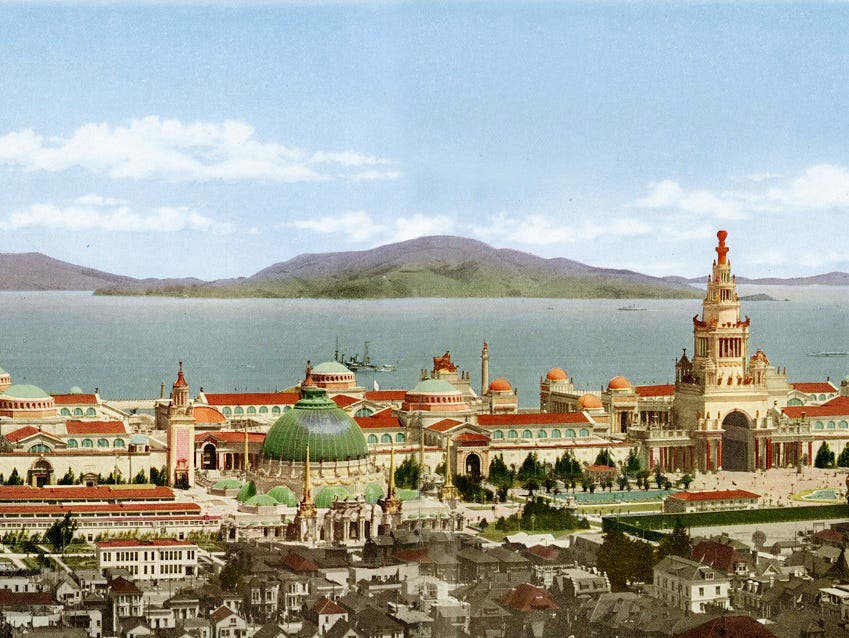 Panoramic view of main exhibit palaces of the Panama-Pacific International Exposition in San Francisco in 1915.