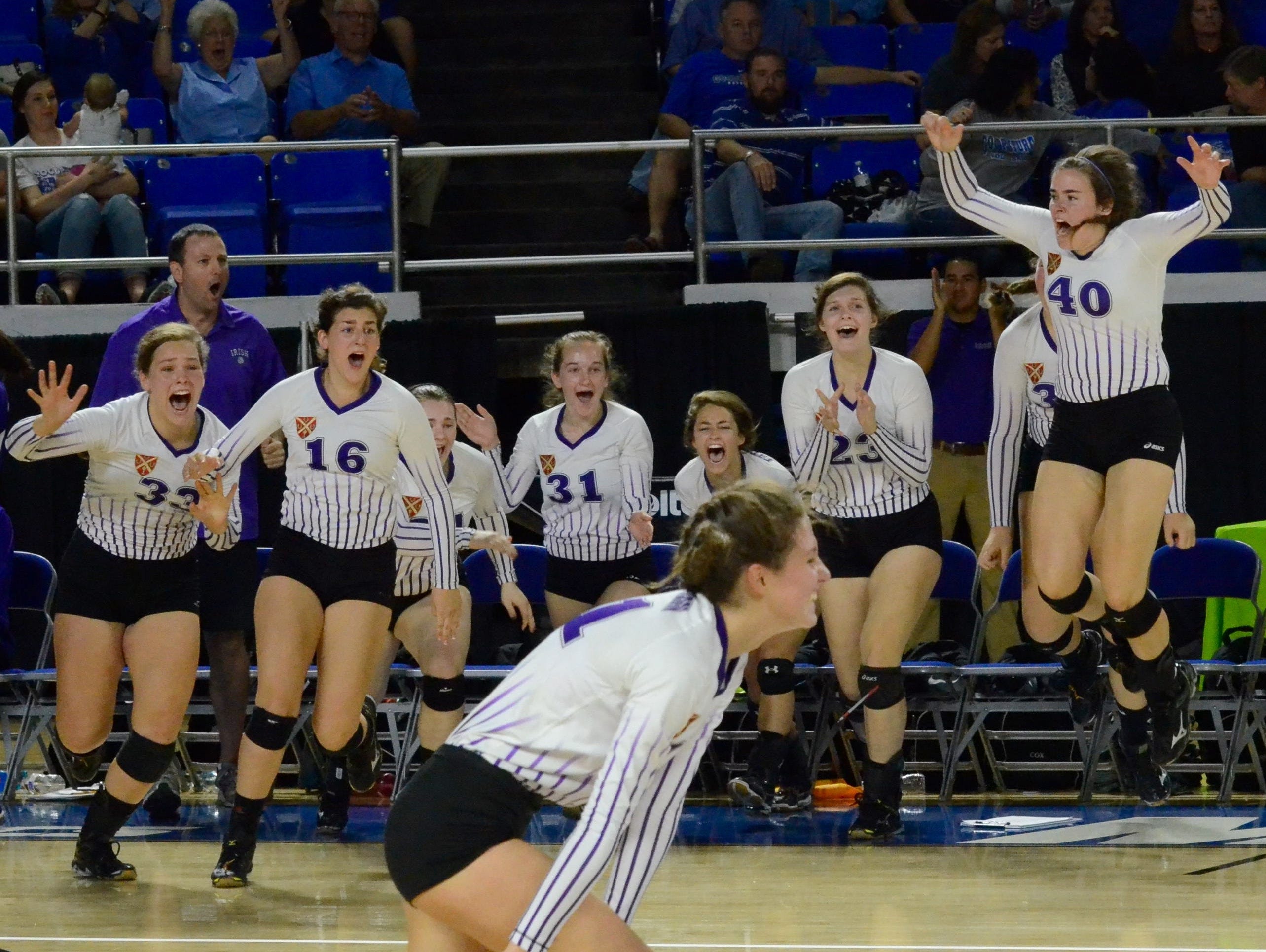 Father Ryan's bench reacts after the Lady Irish defeated Briarcrest 3-1 in the Division II-AA title match.