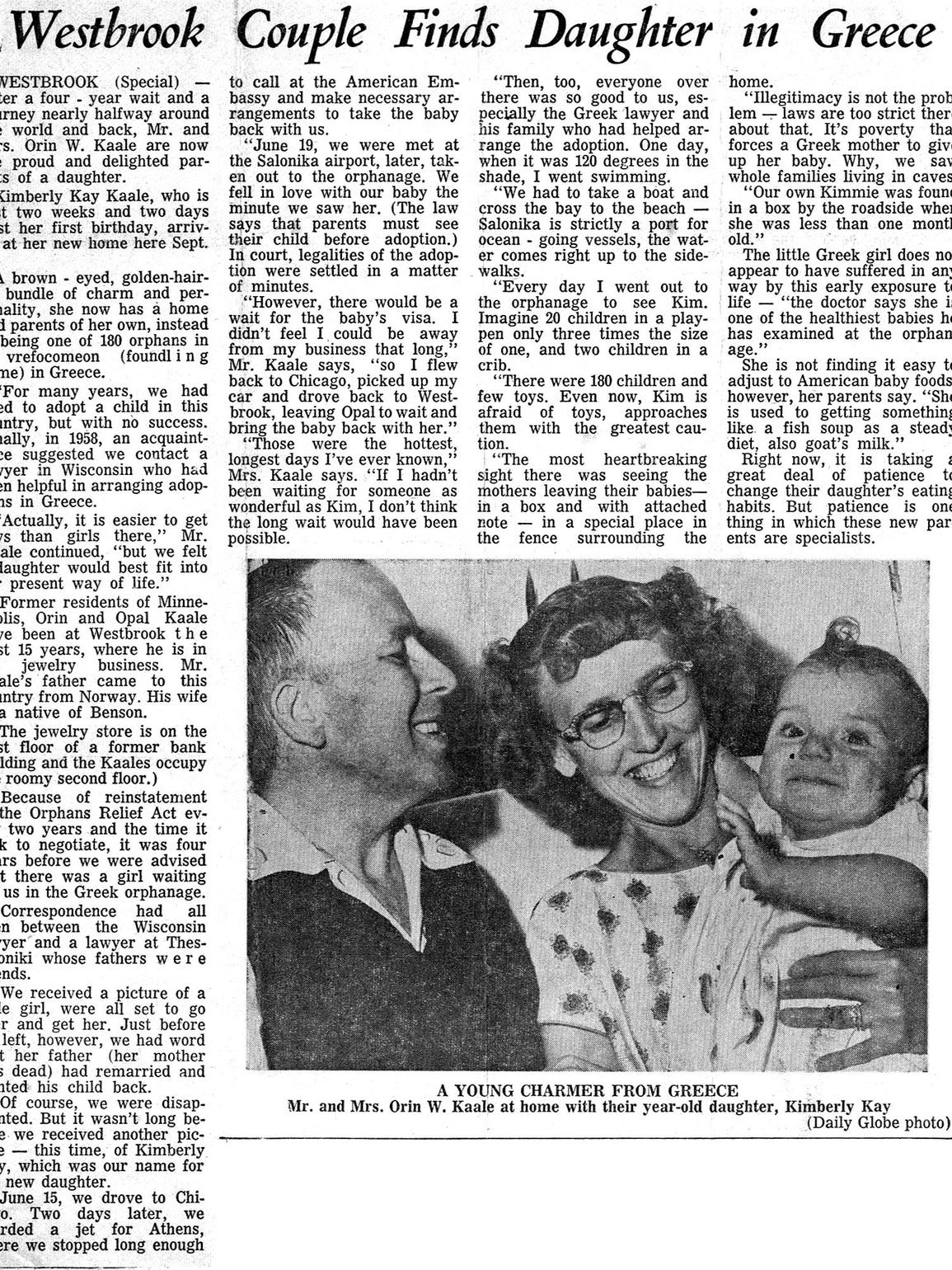 The Worthington Daily Globe did a story on Kim’s adoption