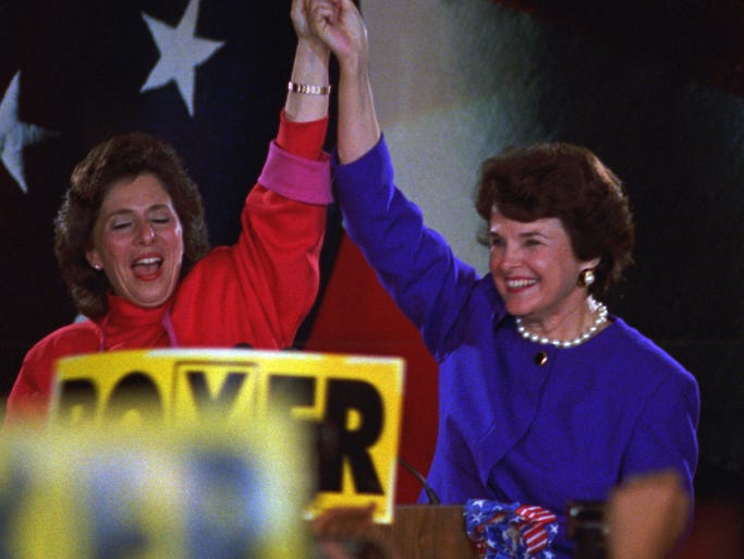 Barbara Boxer and Dianne Feinstein celebrate their
