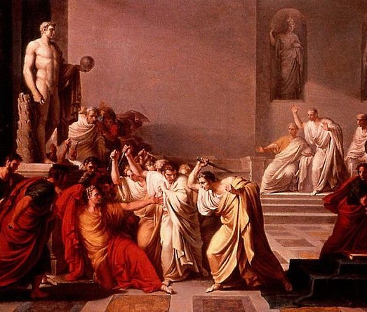 A painting by Vincenzo Camuccini from 1805 showing the death of Julius Caesar. The painting now hangs in the National Gallery of Modern Art in Rome.