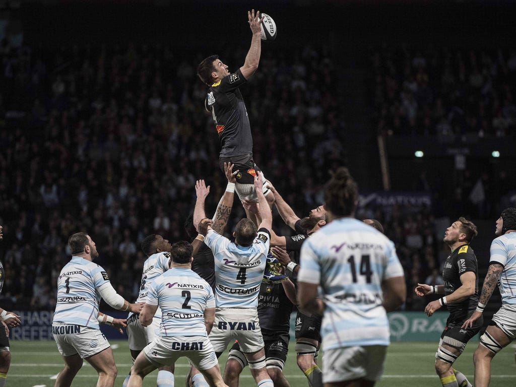 La Rochelle's French lock Romain Sazy jumps to catch the ball during the French Top 14 rugby union match between Racing 92 and La Rochelle at the U-Arena stadium in Nanterre on Feb. 18, 2018.
