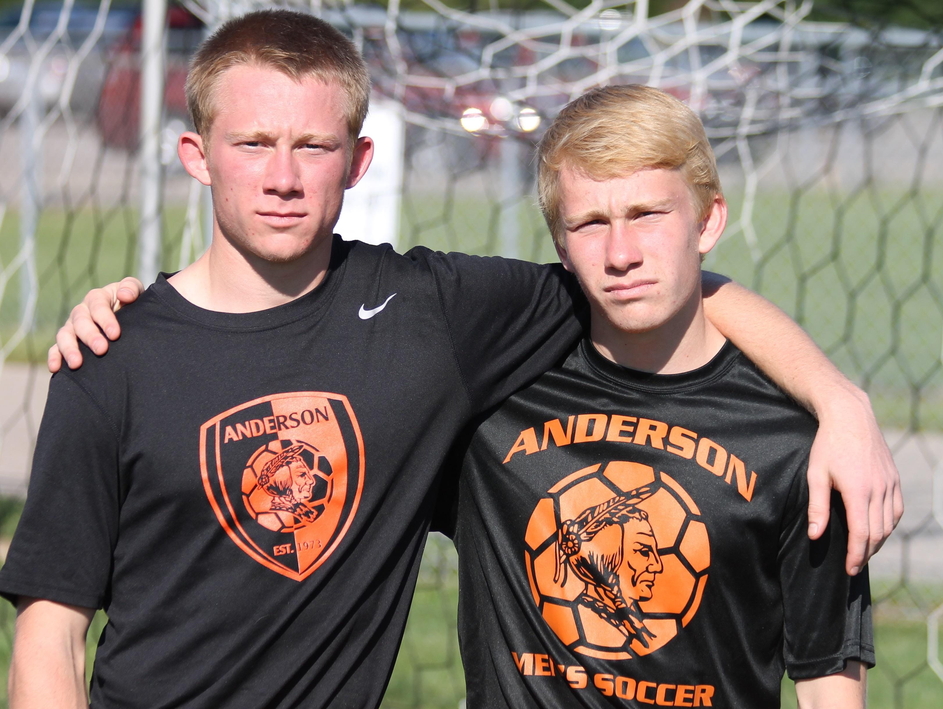 Drew (left) and Adam (right) Mathews are one of four sets of brothers on Anderson’s boys soccer team.