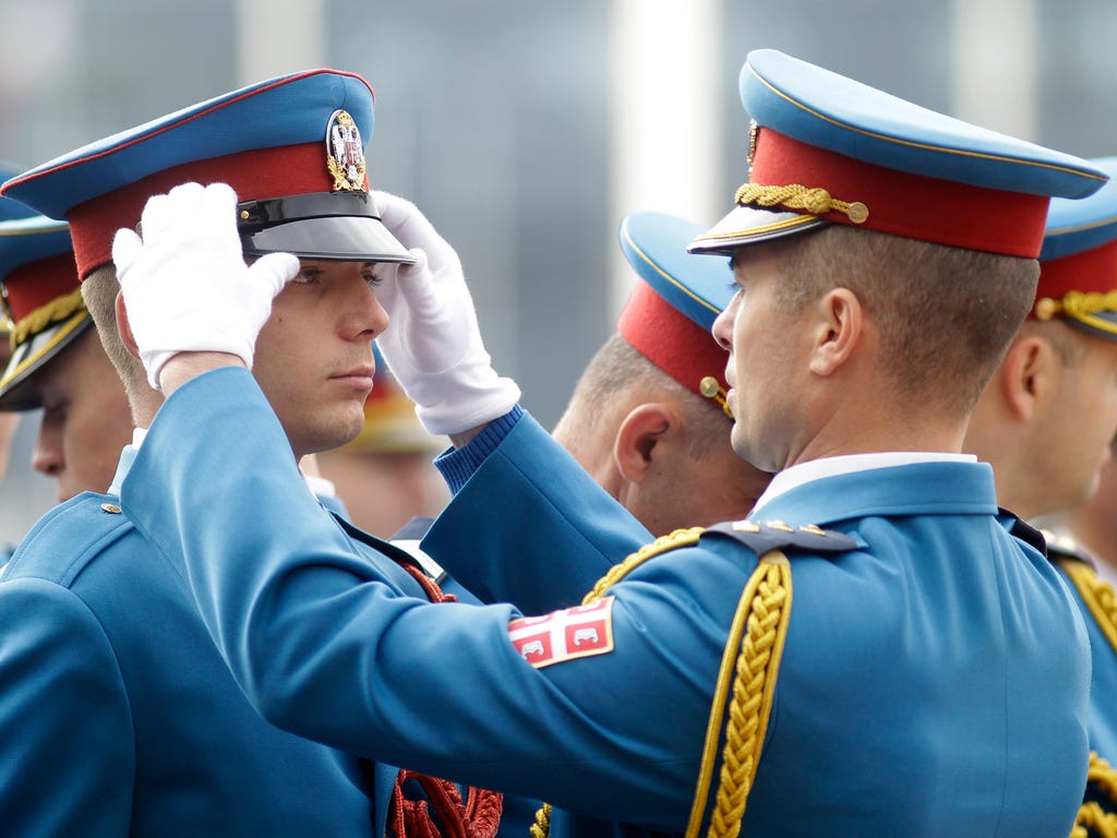 Serbian army honor guards prepare before the visit of Turkish President Recep Tayyip Erdogan in Belgrade, Serbia.