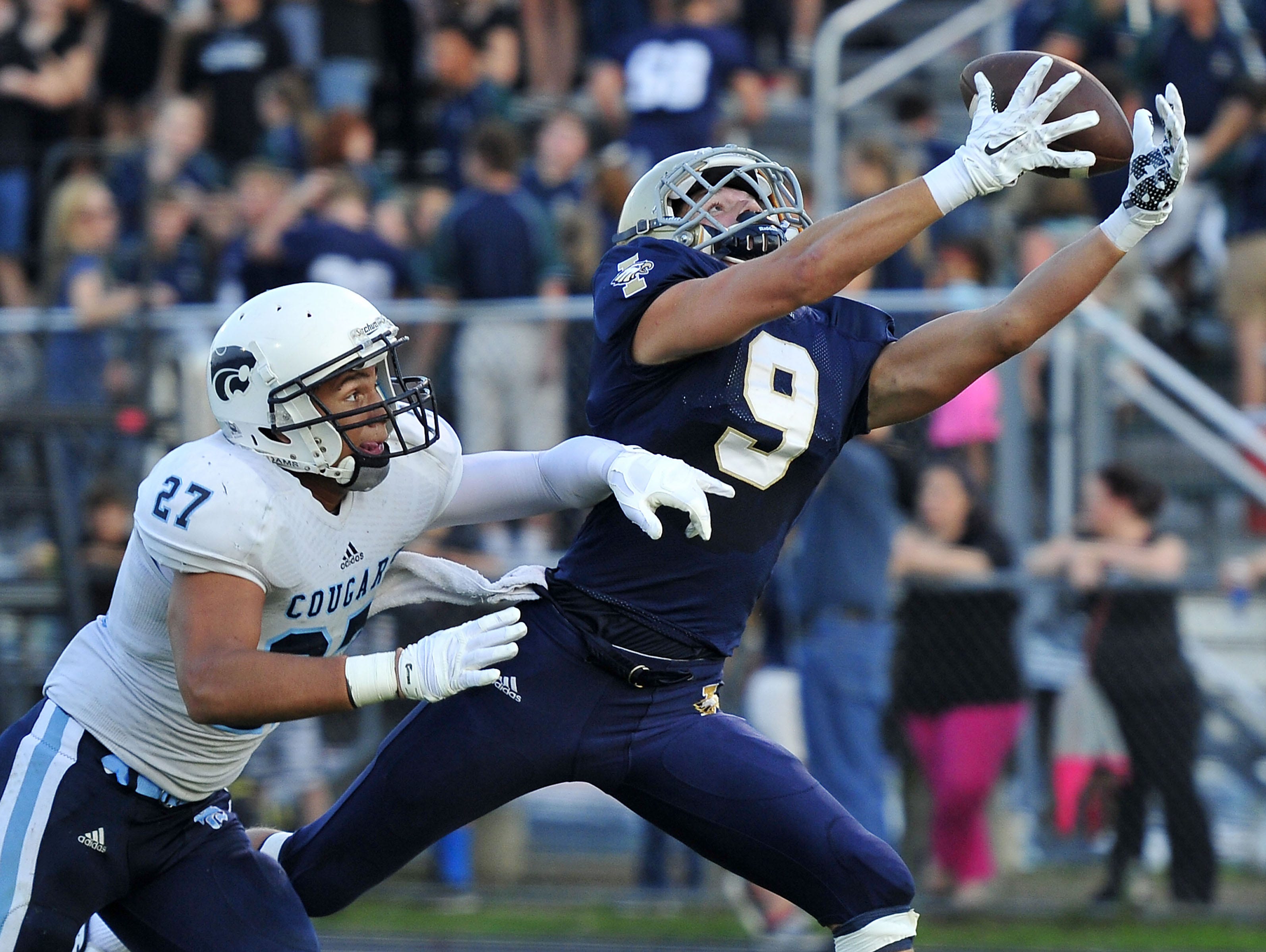 Independence's Adam Swayze hauls in a catch during the Eagles' Week 2 win over Centennial.