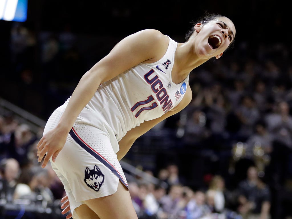 Connecticut Huskies guard Kia Nurse reacts after her three point basket against the Syracuse Orange in the first half during the second round of the women's NCAA Tournament at Harry A. Gampel Pavilion in Storrs, Conn.