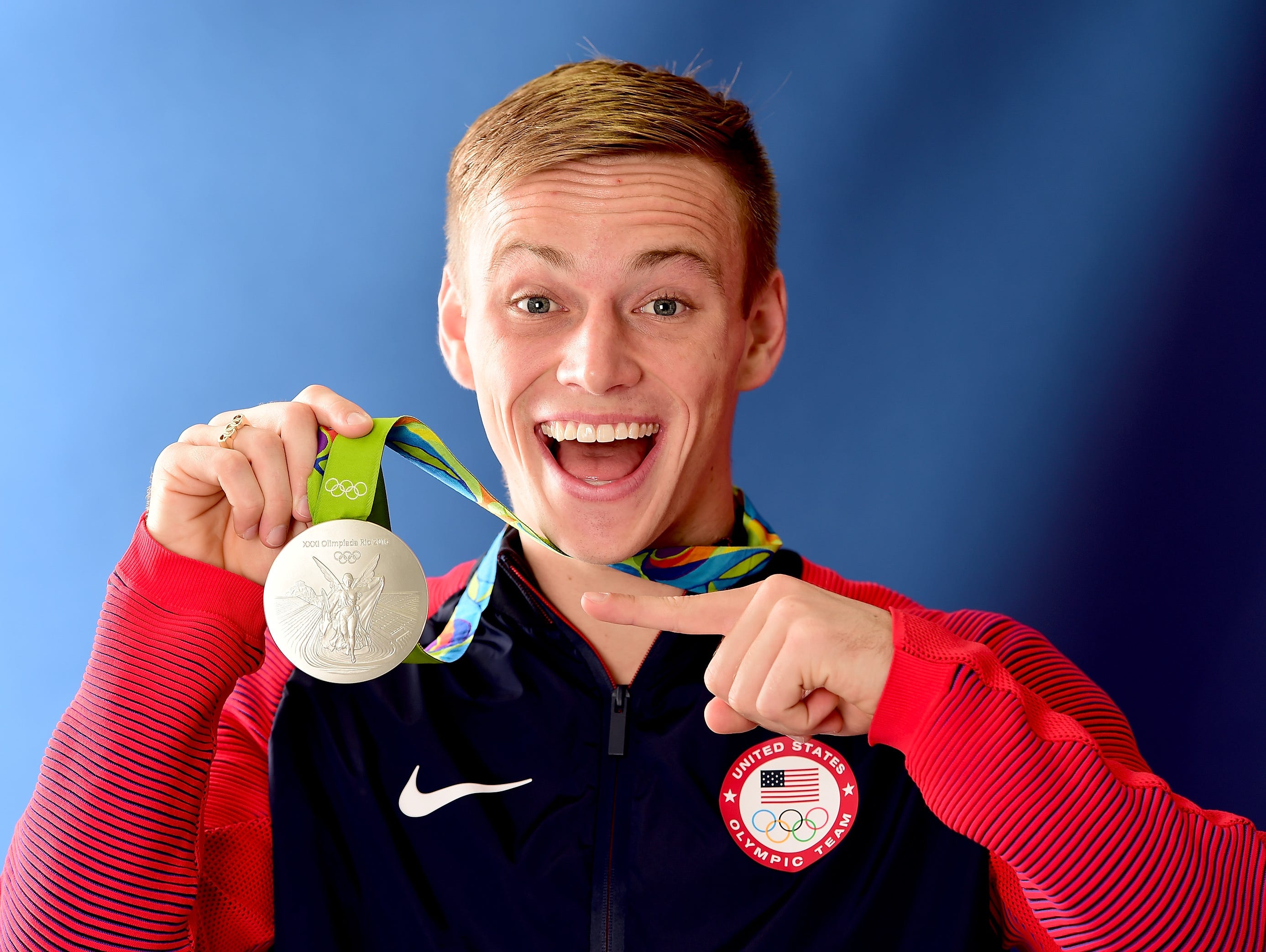 Steele Johnson poses with his silver medal on the Today Show set on Copacabana Beach on August 9, 2016 in Rio de Janeiro, Brazil.