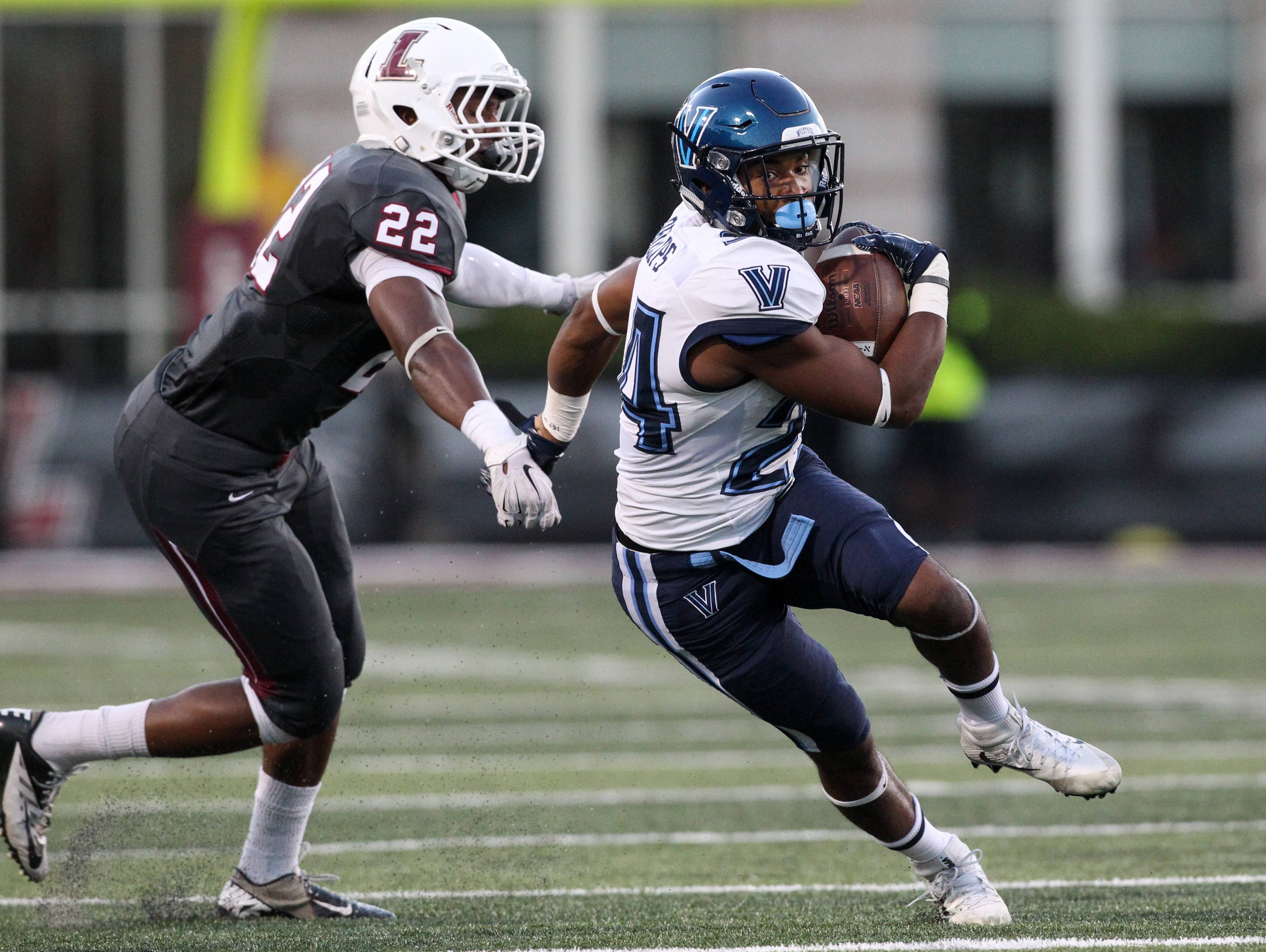Villanova Wildcats wide receiver Taurus Phillips, a Beacon High School graduate, runs with the ball during the second quarter against the Lafayette Leopards at Fisher Field in Easton, Pennsylvania on Sept. 24. Villanova defeated Lafayette 31-14.
