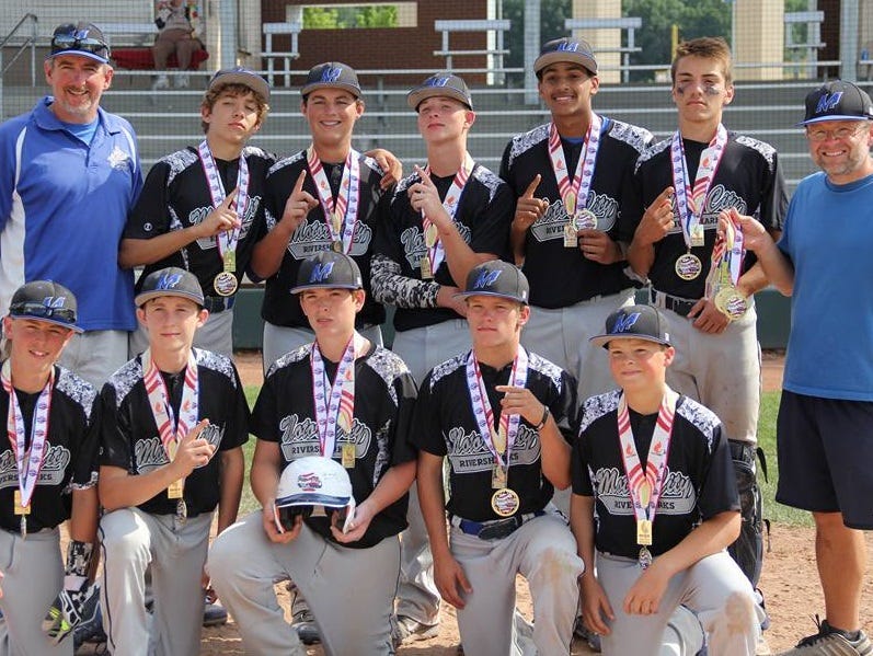 The Motor City Riversharks are pictured with their championship medals after winning the Meijer State Games of Michigan June 28 in Rockford. Pictured are (bottom row from left) Jack Savage (Salem), Robbie Laird (Canton), Joe Watson (Canton), Ben Wright (Canton), Andrew Clarke (Salem), (back row from left) head coach Bill Boyd, Brandon Boyd (Plymouth), Adam Pitcole (Salem), Jason Cantrell (Livonia Stevenson), Jeremy Armstead (Salem), Liam Radomski (Canton) and assistant coach Greg Clarke. Not pictured is Justin Kuhn (Salem).