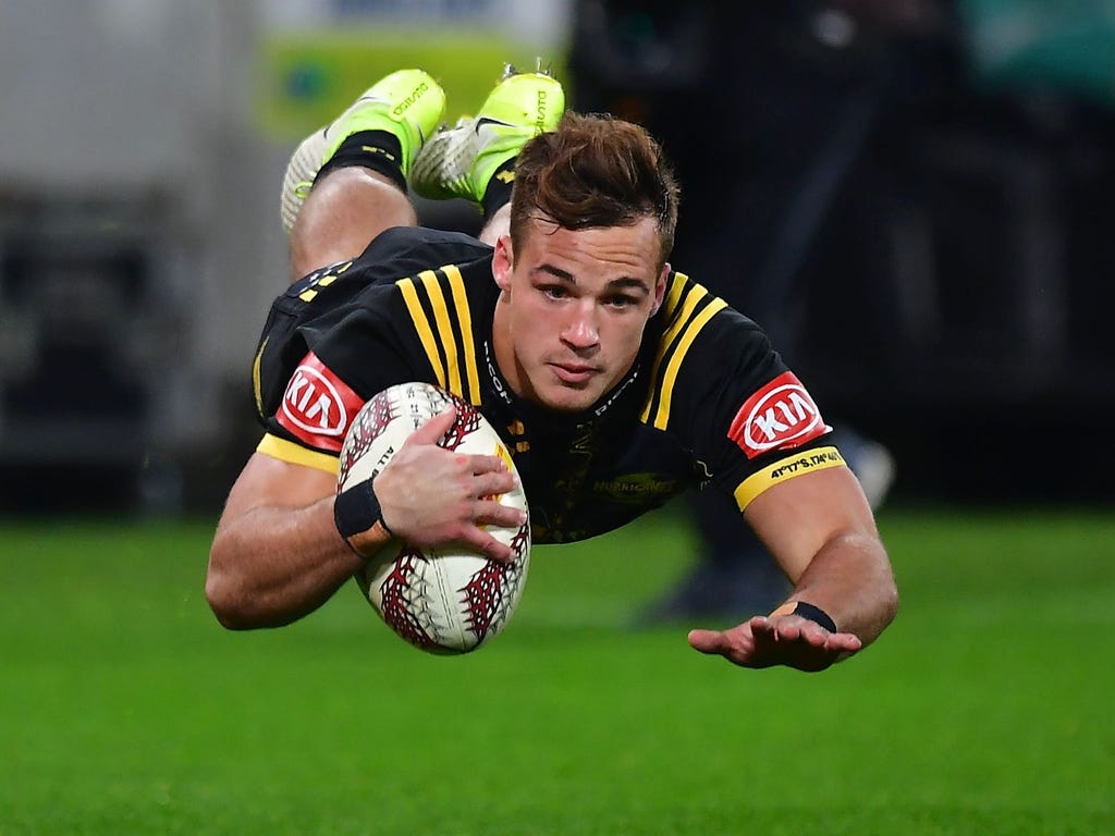 Wellington Hurricanes' Wes Goosen scores a try during the rugby union match against the British and Irish Lions at Westpac Stadium in Wellington.
