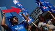 Clinton supporters rally outside the Iowa Democratic