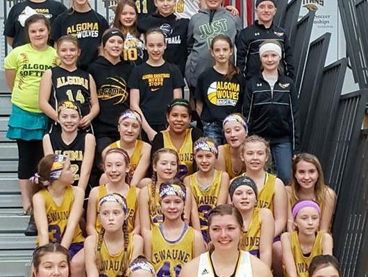 A group of fifth- and sixth-grade basketball players from Algoma and Kewaunee competed at halftime of the University of Wisconsin-Oshkosh women's basketball game on Feb. 4. Algoma native Taylor Schmidt and Kewaunee native Alex Richard are seniors for the Titans.