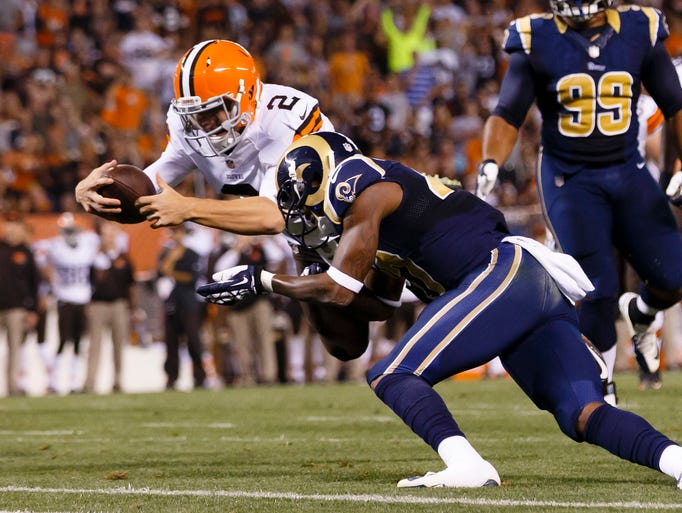 Johnny Manziel scored his first touchdown of the preseason on a 7-yard run on Aug. 23 against the Rams.