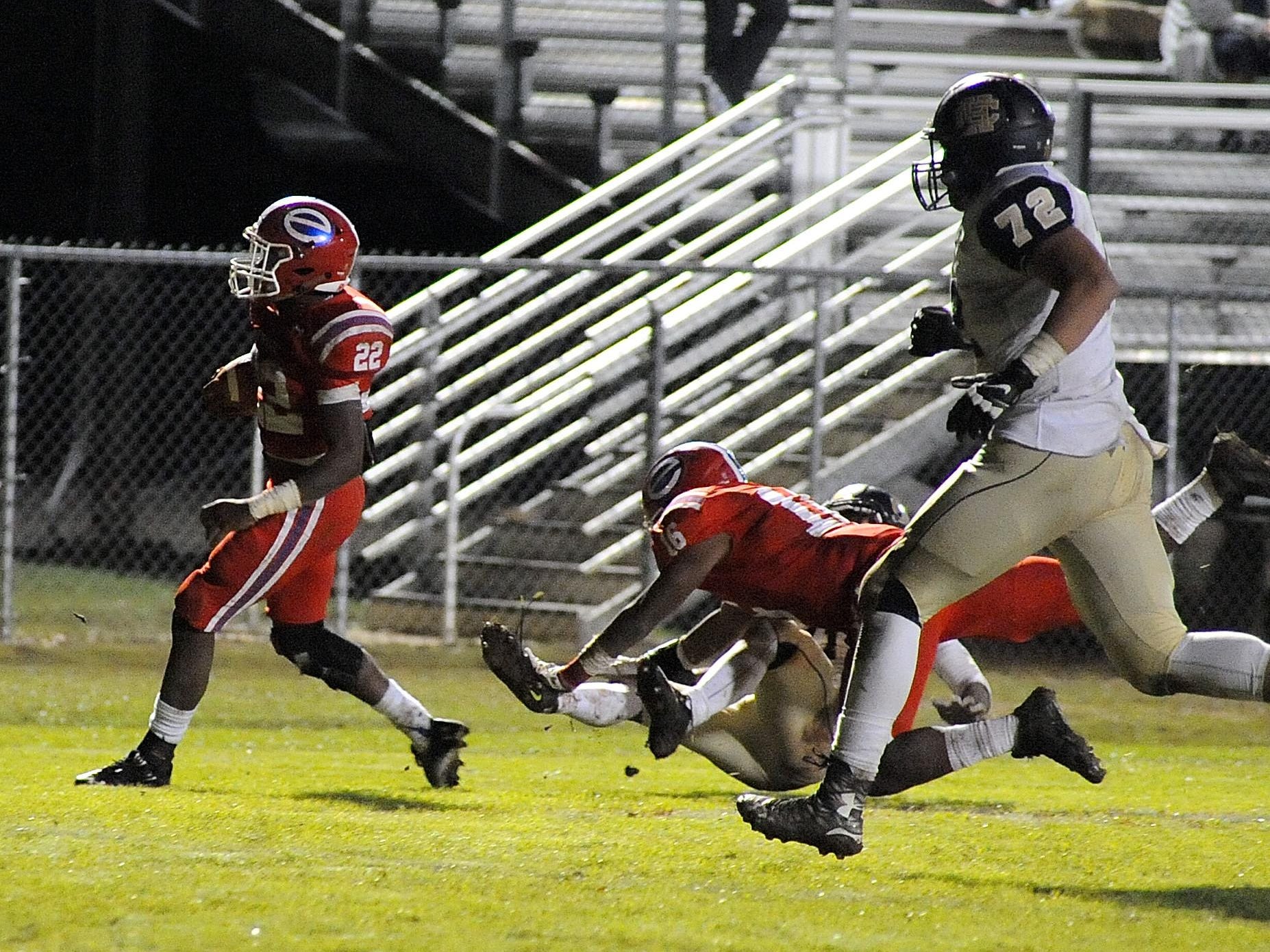 Evangel defensive back Bobby Bell scores on a pick-6 against Holy Cross in last week’s LHSAA Division I state playoff contest at Rodney Duron Field.