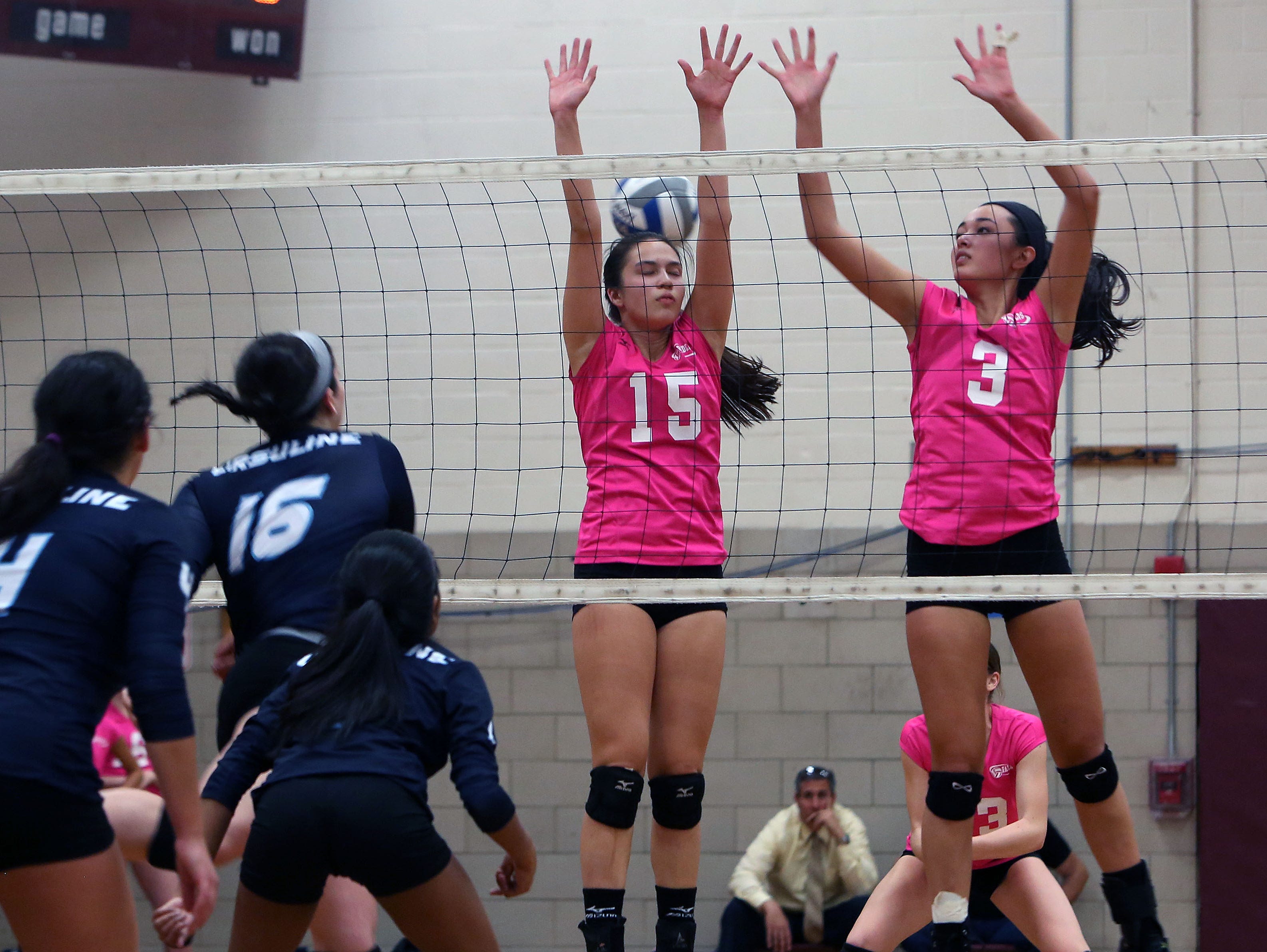 Scarsdale swept Ursuline, 25-20, 25-16, and 25-23 in volleyball action at Scarsdale High School Oct. 20, 2015.