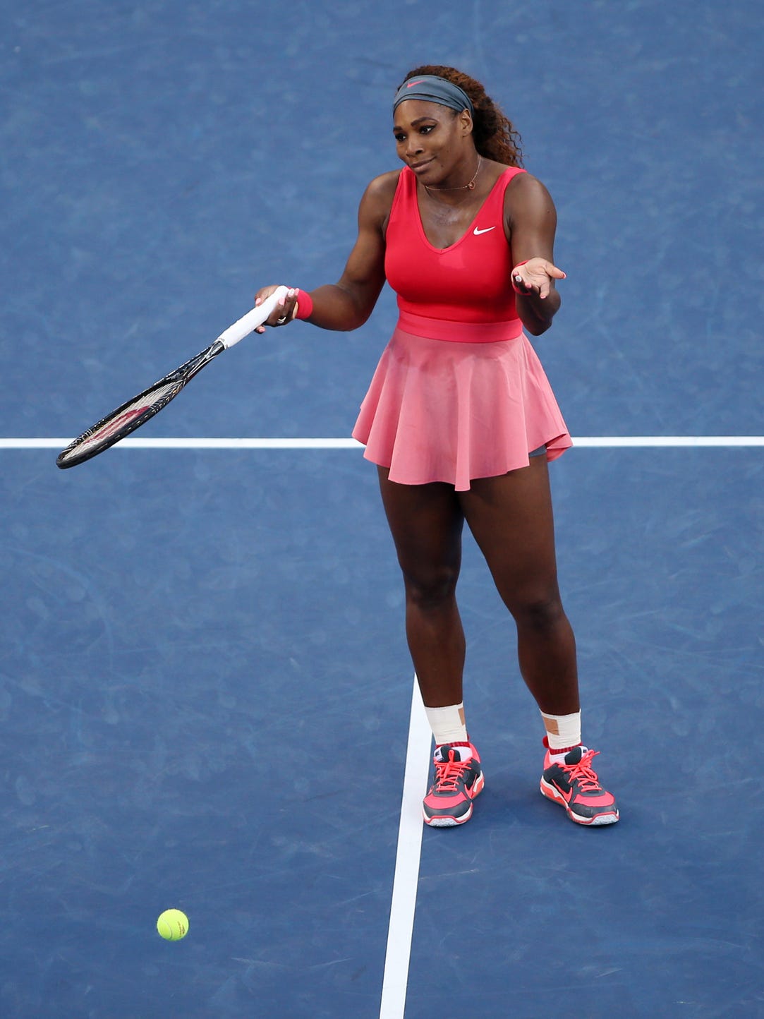 Serena Williams questions a call. She would advance to the U.S. Open finals with a straight set win against Li Na.
