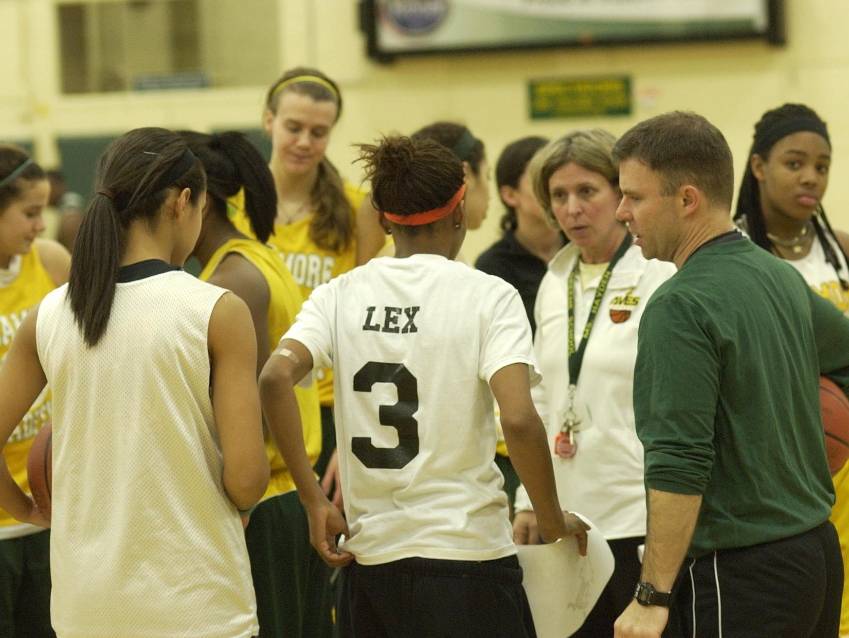 Lex Newbolt, No. 3, listens to then-Sycamore coach Paula Hayden (right of Newbolt wearing whistle). Hayden retired as varsity coach two seasons ago and recently retired from teaching at Edwin H. Greene Intermediate School.
