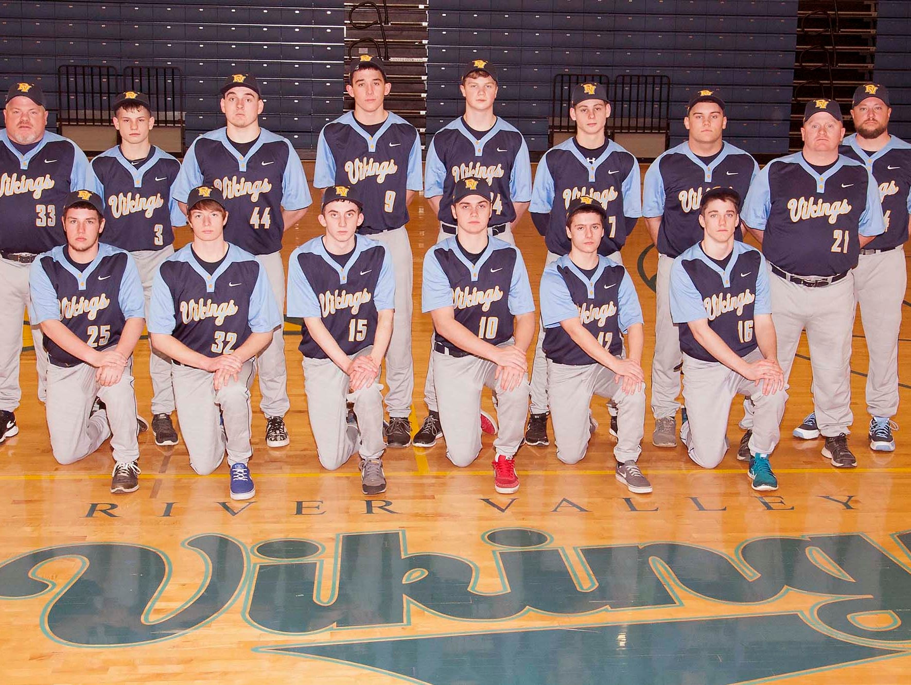 The River Valley 2015 varsity baseball team is, front row from left, Logan Stockdale, Matt Wilch, Zach Lehner, Alec Branstetter, Logan Fetter and Travis Eickemeyer. Back row is coach Randy Leach, Karac Doubikin, Tom Poormen, Weston Perry, Alan Roth, Bryon Doubikin, Aaron Berg, coach Chris Danals and assistant coach Bob Hess.