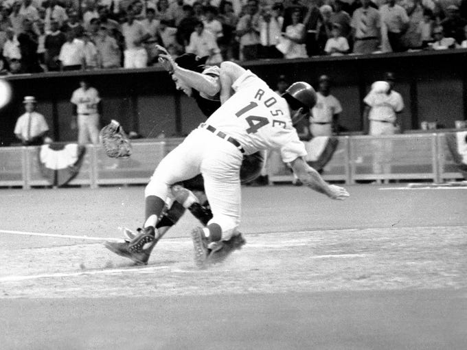 THE COLLISION -- In a controversial ending to the 1970 All-Star Game at Riverfront Stadium in Cincinnati, Pete Rose plowed into the body of catcher Ray Fosse to score the winning run in the bottom of the 12th inning. Fosse fractured his shoulder and never regained All-Star form.