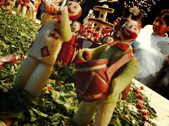 Night of the Radishes in Oaxaca, Mexico: Noche de Rabanos, or Night of the Radishes, is a rather unusual folk art competition that takes place two days before Christmas in the Mexican town of Oaxaca. Radish growers from around the region gather together for one huge radish-carving contest, where abnormally large radishes are carved into elaborate sculptures depicting historical scenes.
