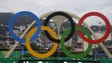 A general view of the Olympic rings during the men's