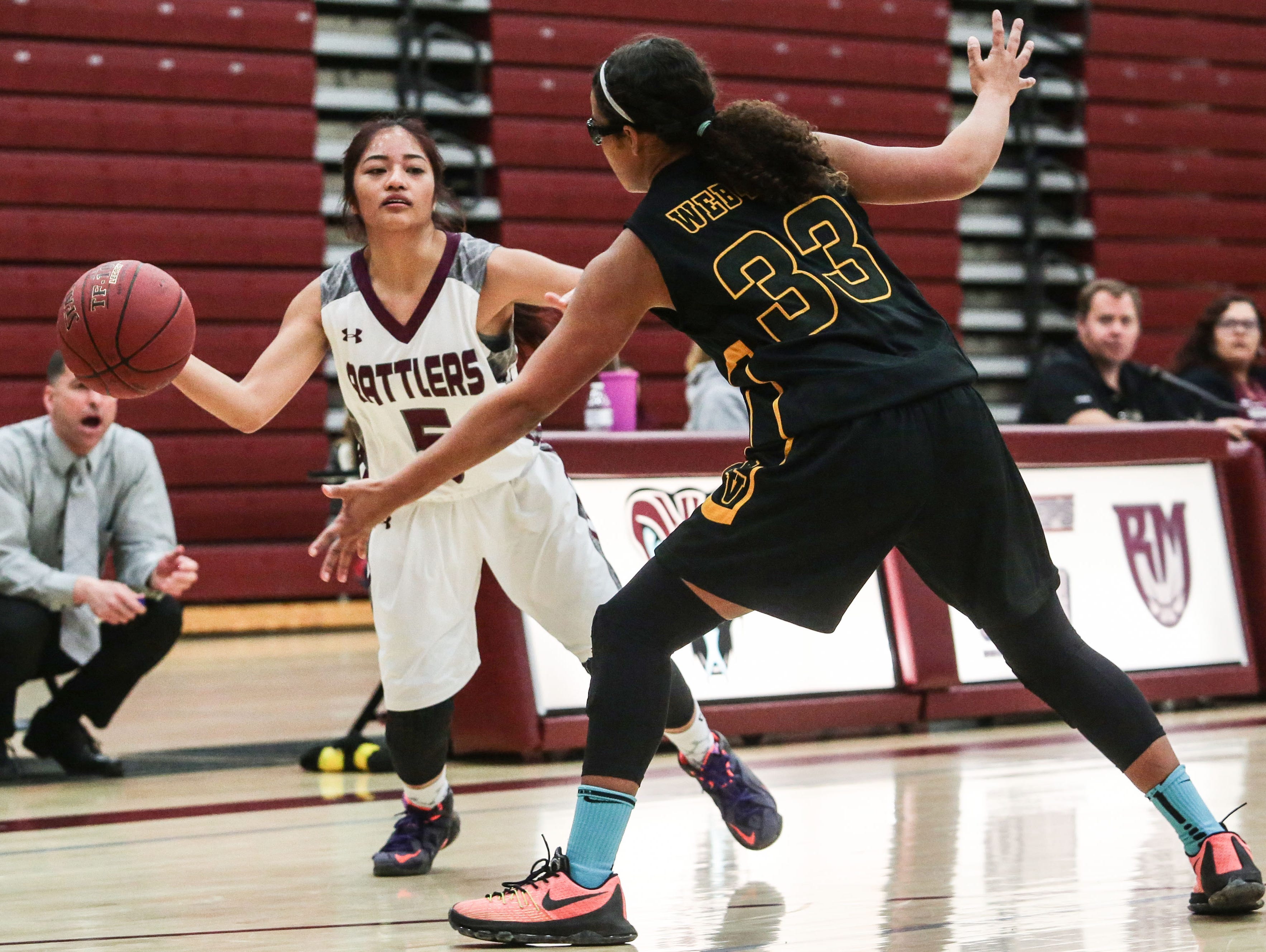 Rancho Mirage's Jodi-anne Ingal passes the ball against Yucca Valley on Thursday, February 2, 2017 in Rancho Mirage.