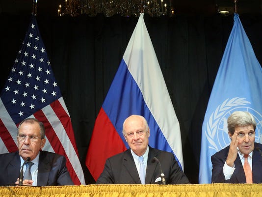 Sergey Lavrov, Staffan de Mistura, John Kerry 