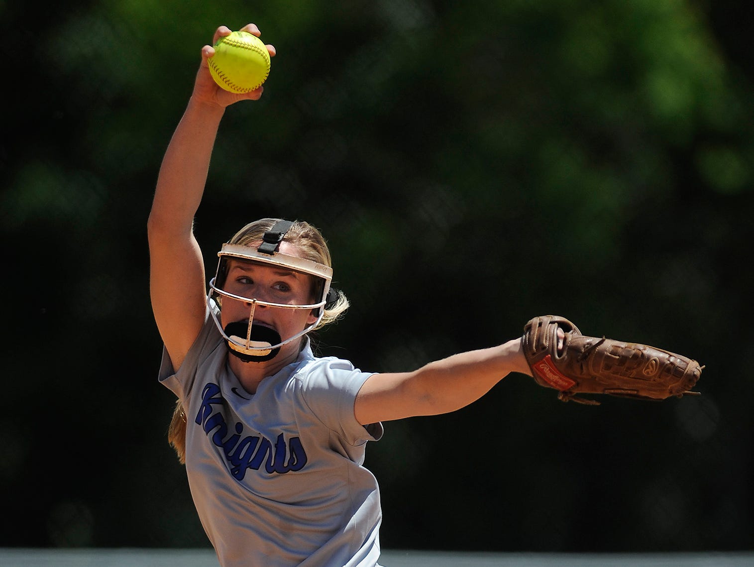 Catholic pitcher Michaelyn Foster throws against St. James at Lagoon Park in Montgomery, Ala., on Thursday April 30, 2015.