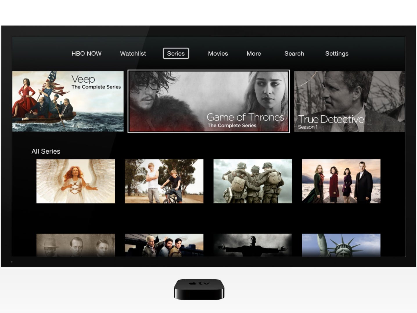 An Apple TV set-top box and TV showing HBO Now.