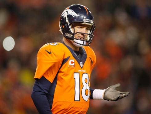 Denver Broncos quarterback Peyton Manning (18) reacts during the second half against the San Diego Chargers at Sports Authority Field at Mile High. The Chargers won 27-20.