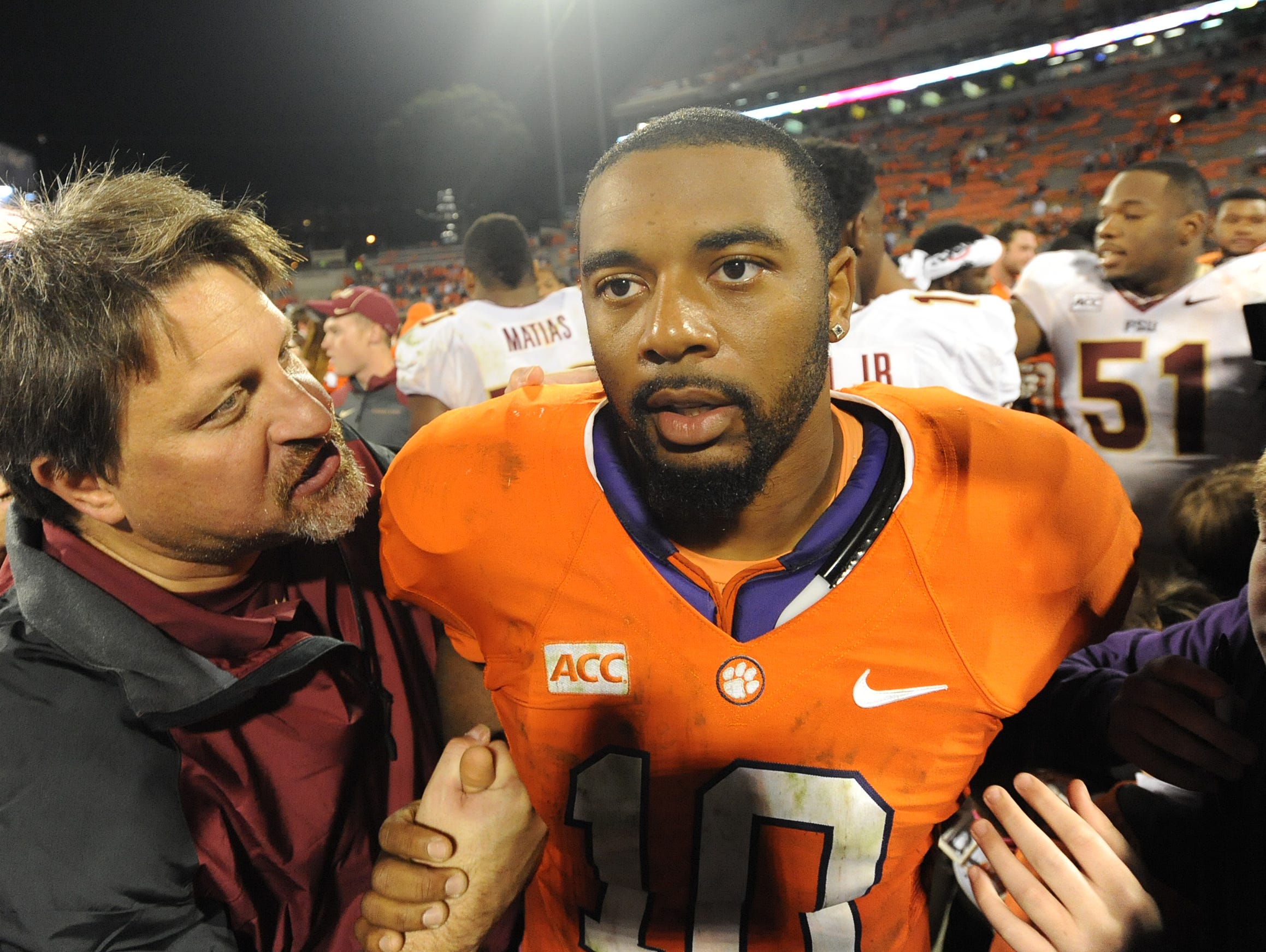 Clemson quarterback Tajh Boyd (10) after the Tigers 51-14 loss to Florida State Saturday, October 19, 2013 at Clemson's Memorial Stadium. BART BOATWRIGHT/Staff