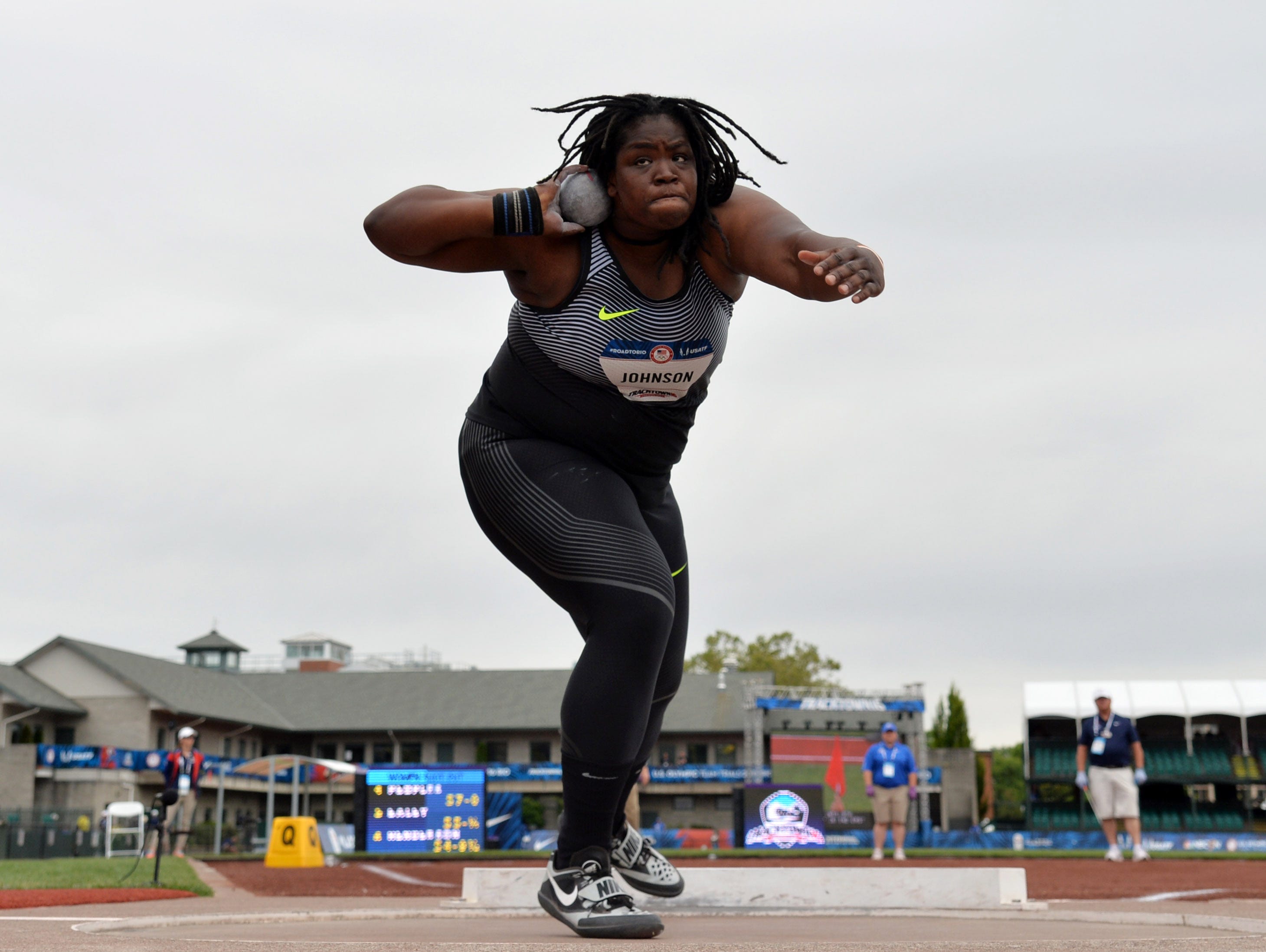 Jul 7, 2016; Eugene, OR, USA; Felisha Johnson throws 58-8 3/4 (17.90m) in the women's shot put qualifying to advance to the final during the 2016 U.S. Olympic Team Trials at Hayward Field.