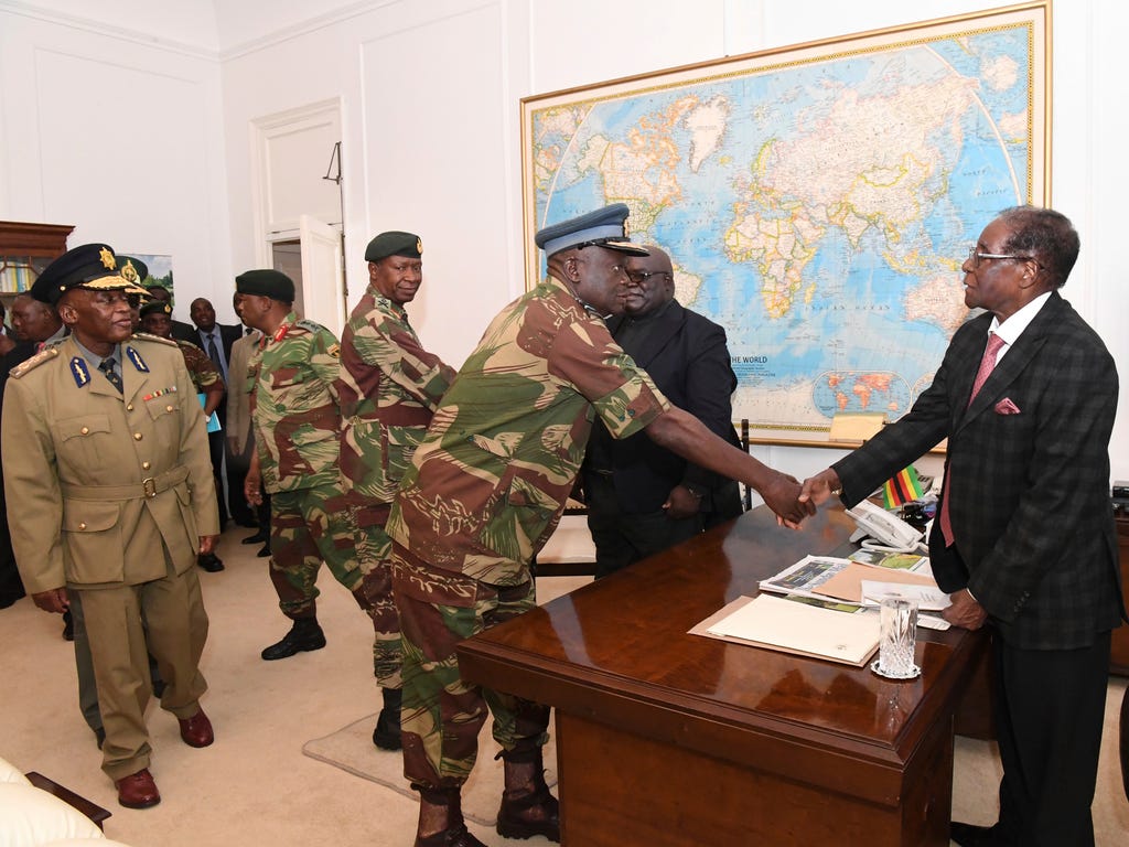 Zimbabwean President, Robert Mugabe, meets with generals in Harare at State House on Nov, 19, 2017. Members of the ZANU PF central committee fired Mugabe as chief and replaced him with dismissed deputy president Emmerson Mnangagwa.