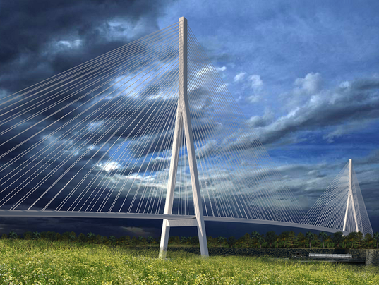 Artist's conceptural image of a cable-stayed bridge.