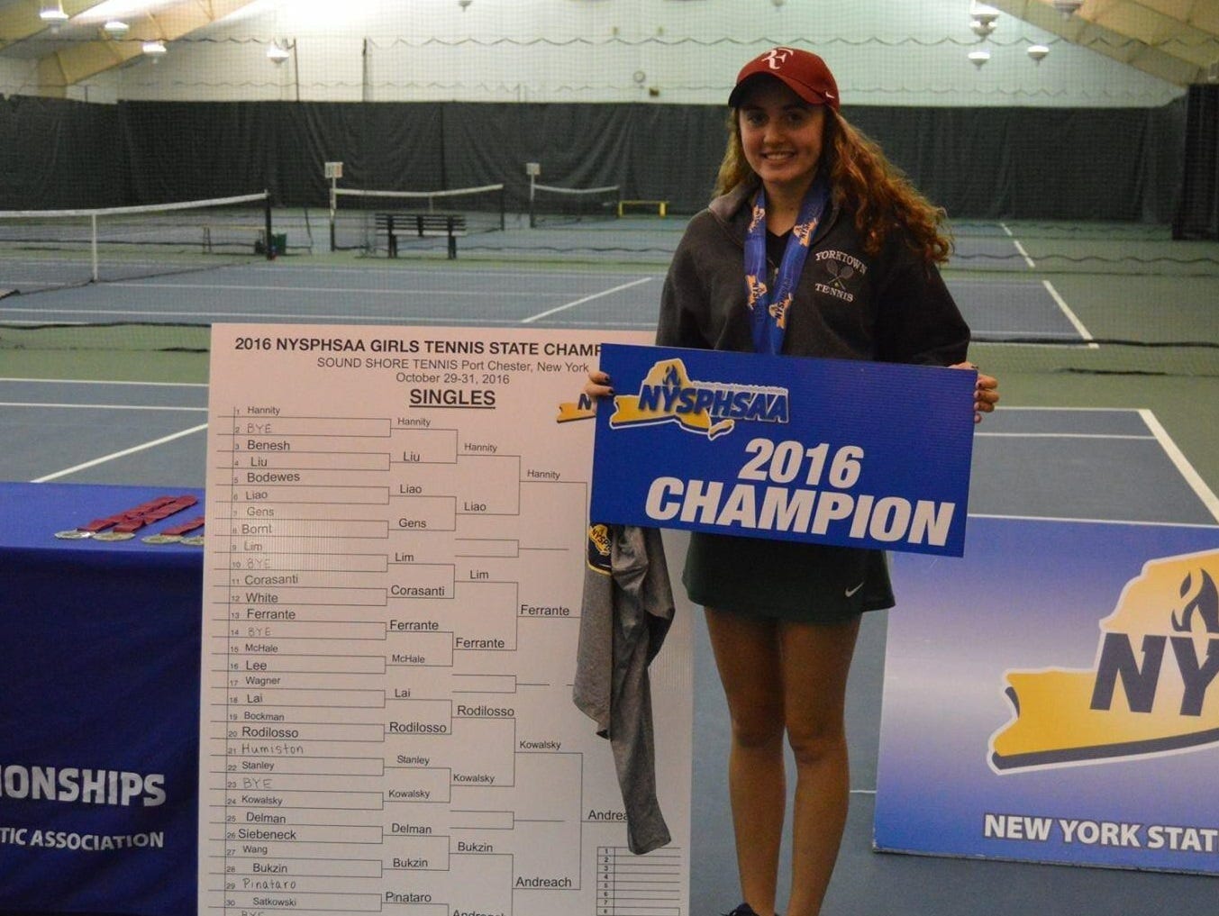 Yorktown sophomore Caitlyn Ferrante poses after winning the New York state girls tennis tournament singles' title on Monday, Oct. 31st, 2016.