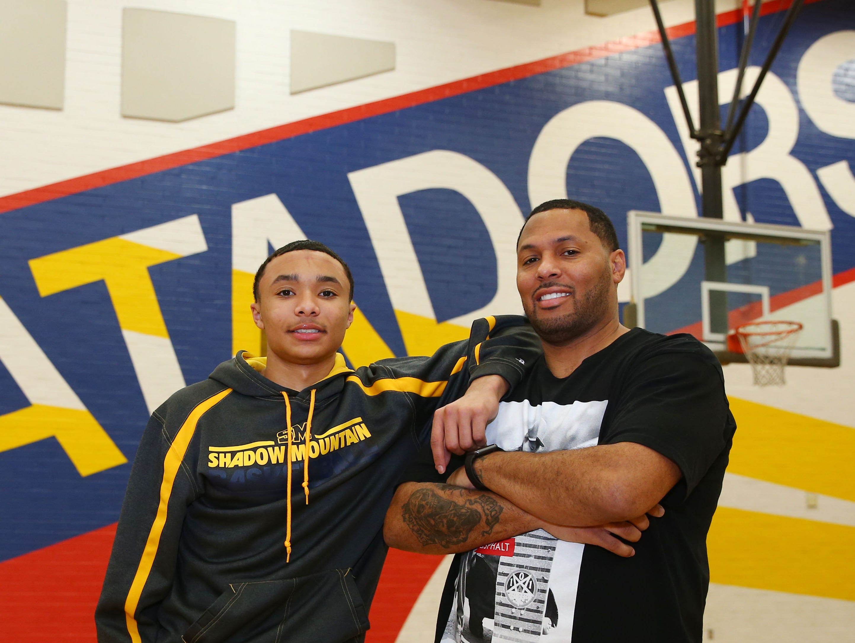 Shadow Mountain High boys basketball player Jaelen House and his dad, Eddie House, who is among ASU’s all-time best basketball players on Jan. 10, 2017 at Shadow Mountain High School in Phoenix.