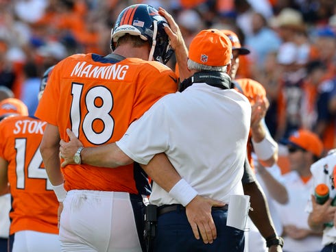 Denver Broncos quarterback Peyton Manning (18) is congratulated for a touchdown by head coach John Fox after a touchdown pass.