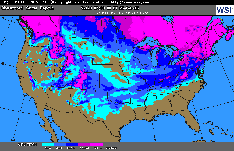 Today's snow cover map from WSI/Intellicast shows snow
