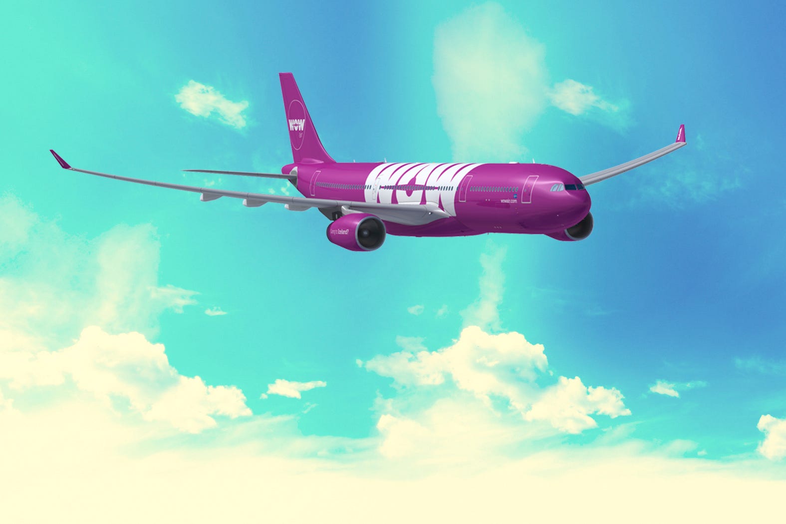 A rendering of an Airbus A330 in the colors of WOW