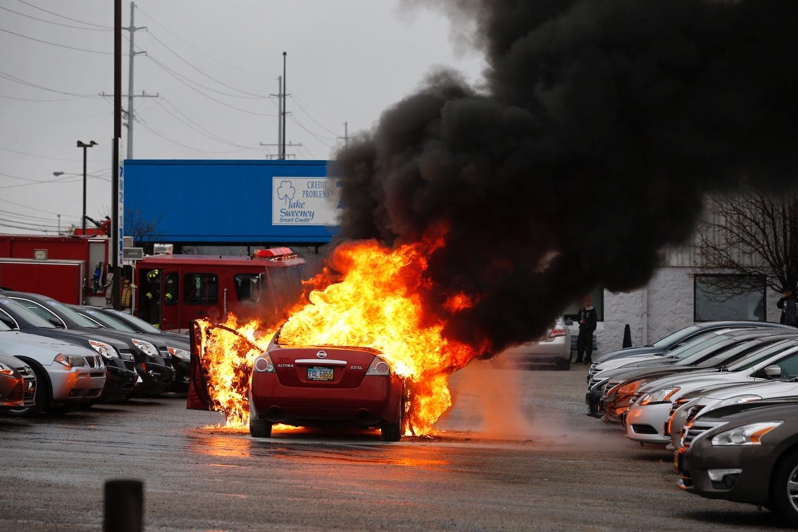 Car goes up in flames at Jake Sweeney lot