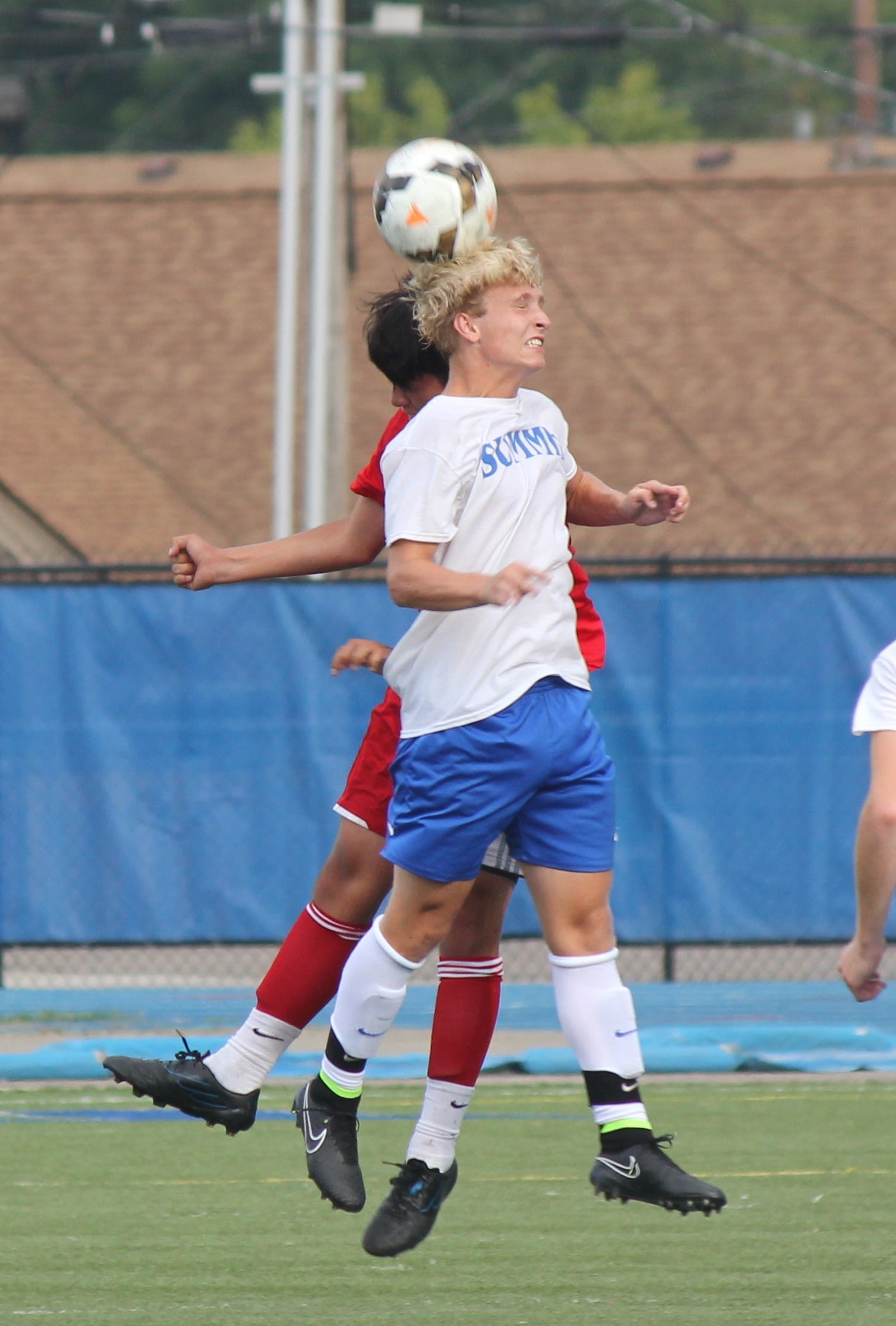 Charlie Maciejewski of Summit Country Day goes head-to-head with Francisco Gonzalez of Fairfield in their match Aug. 9, as part of the first Badin Showcase. Fairfield won the match 4-1 off goals from Nate Williams (2) and Blake Hasselbeck (2).
