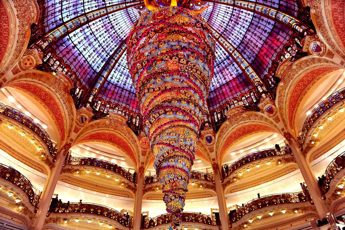 Giant, upside-down Christmas tree in a Paris shopping