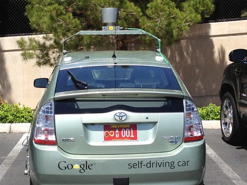 May 7, 2012 photo of the first officially licensed Google self-driving car, a Toyota Prius hybrid, that got its Nevada plates after its application was approved to test the car on public roads under a new law that put Nevada at the forefront of auton