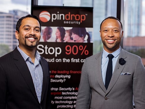 Vijay Balasubramaniyan (left) is CEO of Pindrop Security and Paul Judge is Executive Chairman.